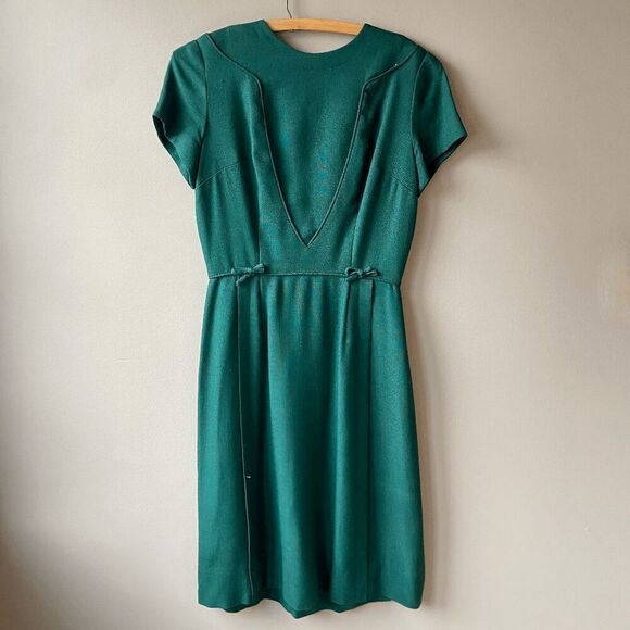 Vintage 1950s Jackie Kennedy Style Sheath Dress in Forest Green - SZ Medium - Picture 1 of 10